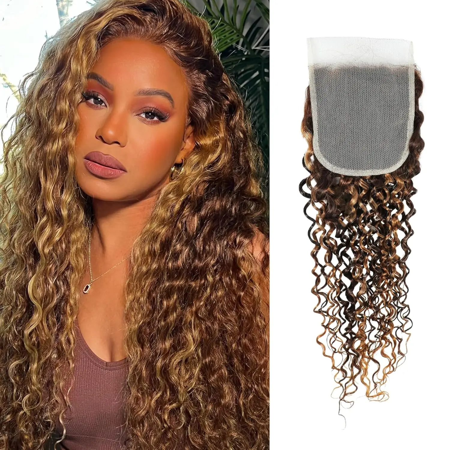 ALHER Long Deep Part 2x6 Closure Water Wave Honey Blonde Highlight Ombre Brown and Blond Wet and Wavy Human Hair 4x4 Closure Water Wave Honey Brown Ombre Transparent Free Part Melt Ear to Ear 13x4 Lace Frontal