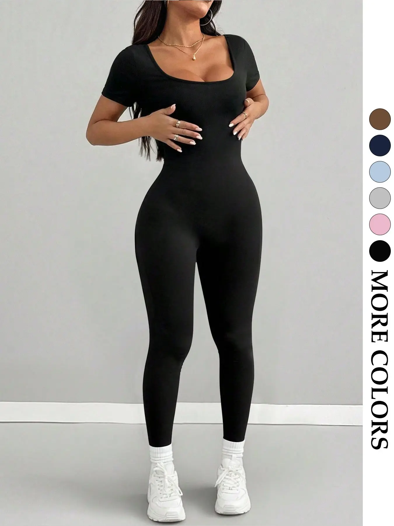 Women High Stretch U-Back Short Sleeve Workout Jumpsuit, Stretchy Jumpsuit, Sporty Jumpsuit, Sports Jumpsuit, Fit Jumpsuits, Waist Cinching Butt Lifting Tight Fit Shaping, Basic Versatile Fitness Daily Wear, Tight Fitting Jumpsuit