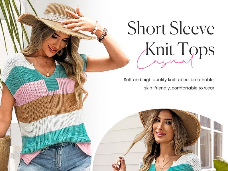 Shewin 2026 Spring/Summer Women's Striped Colorblock Knit Top - Breathable Hollowout V-Neck Short Sleeve Loose Casual Shirt for Daily Wear SpringStatements