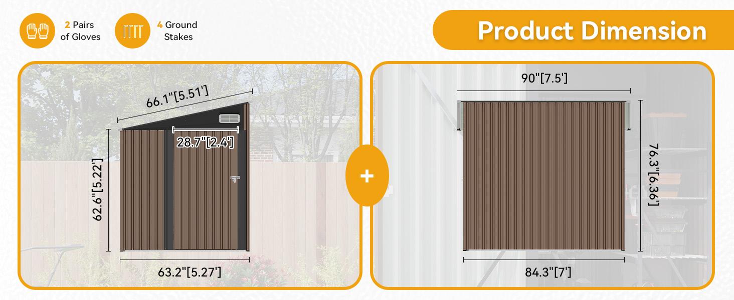 Aoxun 7'x5.5' Lean to Shed Large Storage Room Galvanized Steel with Side Door Waterproof Utility Shed for Mower Bike Garden Tools Brown