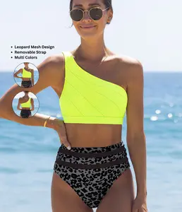 Popvil Wild Leopard Cutout One Shoulder Neon Bikini Set Tummy Control High Waisted Swimsuit for Women, Neon Bathing Suit,dealsforyoudays