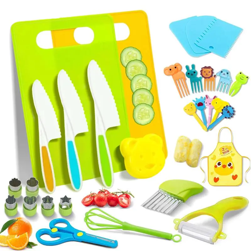 32PCS Montessori Toddler Kitchen Knife Set, Safe Real Cooking Utensils for Kids Ages 5-10, Complete Montessori Kitchen Gadgets & Sandwich Cutters, Practical Toddler Cooking Tools, Ideal Christmas Holiday Gift for Boys and Girls