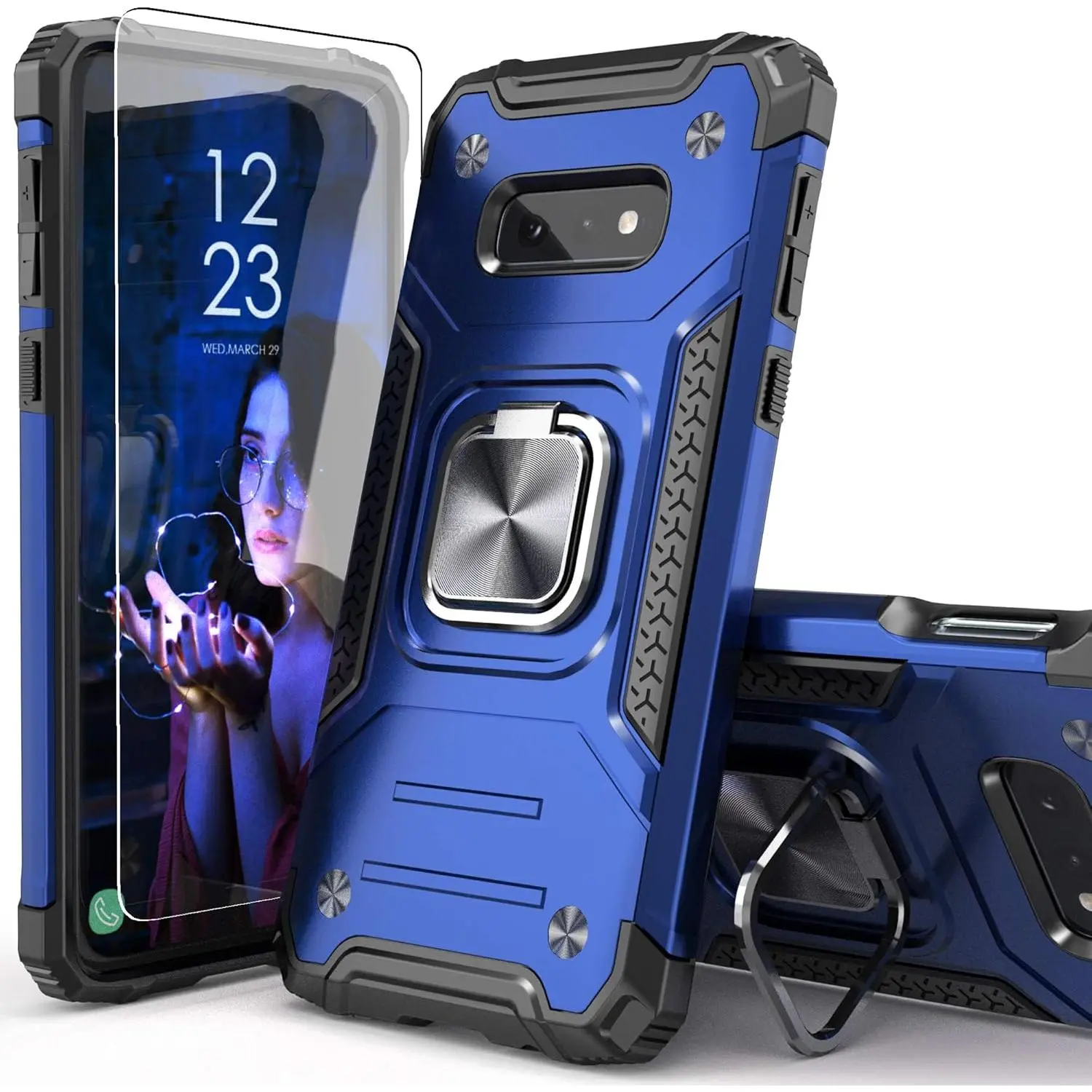 Galaxy S10E Cellphone Casing with Tempered Screen Protector - Shockproof, Drop-Tested, Slim-Fit, Lightweight Protection Accessory, Metal Handheld Mount Kickstand, Blue
