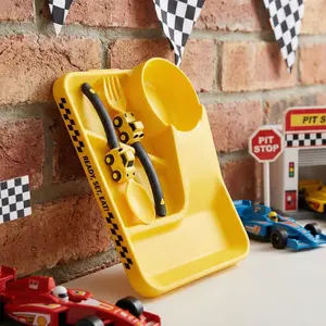Car Themed Kids Dinnerware Set - Divided Plate + Spoon & Fork for Toddlers Bright Yellow Car Plate & Utensils BPA Free Fun Dining Solution for Boys