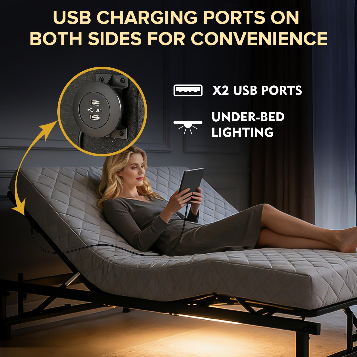Adjustable Bed Base Frame King Size Bed Frame with Head and Foot Incline Quiet Motor Zero Gravity, 4 Ports USB, Under-Bed Nightlight Adjustable Bed Base Frame King Size Bed Frame with Head and Foot Incline Quiet Motor Zero Gravity, 4 Ports USB, Under-Bed Nightlight