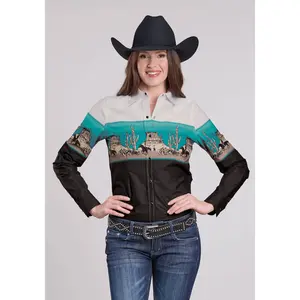 Womens Long Sleeve Snap Scenic Border Western Shirt