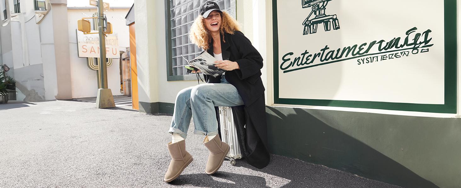 DREAM PAIRS [FuzzyClassic]  Mid Boot Women's Shorty-New Mid Calf Winter Snow Boots Slip On Fur Lining Memory Foam Comfort Short Ankle Boots