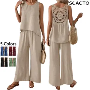 Scacto Women's 2 Piece Linen Outfits, Sleeveless Crochet Back Tank Top and Wide Leg Pants Set for Summer Vacation