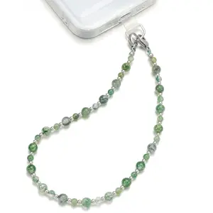 TRBR Natural Moss Agate Beads Phone Charm Wrist Strap, Beaded Green Gemstone Lanyard Wristlet Chain, Elegant Hands-Free Bracelet Strap for iPhone & More Cell Phone Cases