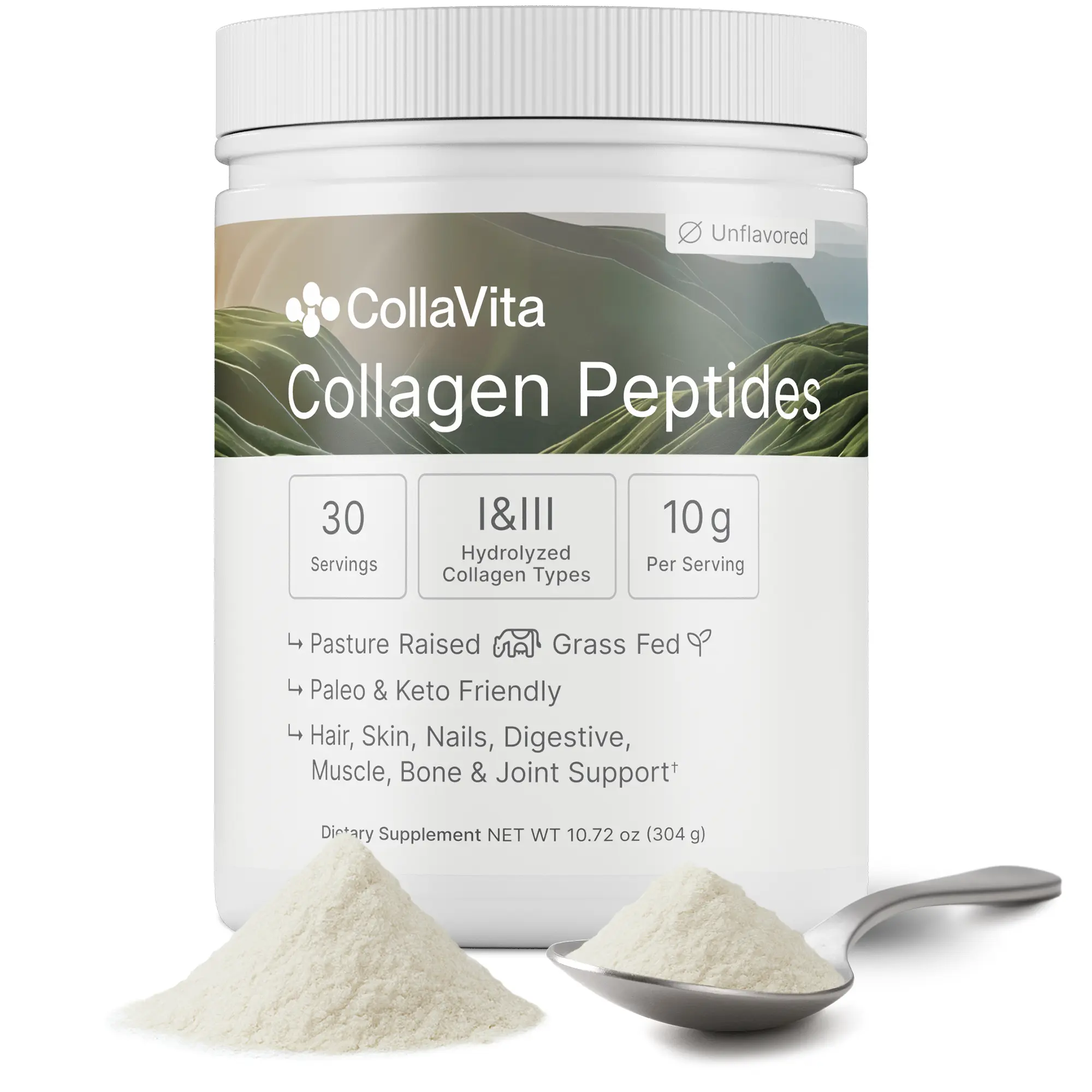 CollaVita Collagen Peptides - Hydrolyzed Types I & III for Skin Hair Nail Joint Support Unflavored