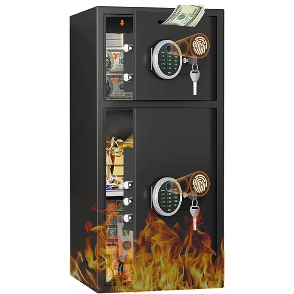 Safe Box, Large Double-Door Safe with Depository Drop Slot, Biometric Fingerprint Large Safe with Dual Alarm System and Mute Function, Home Safe for Documents, Jewellery, Valuables