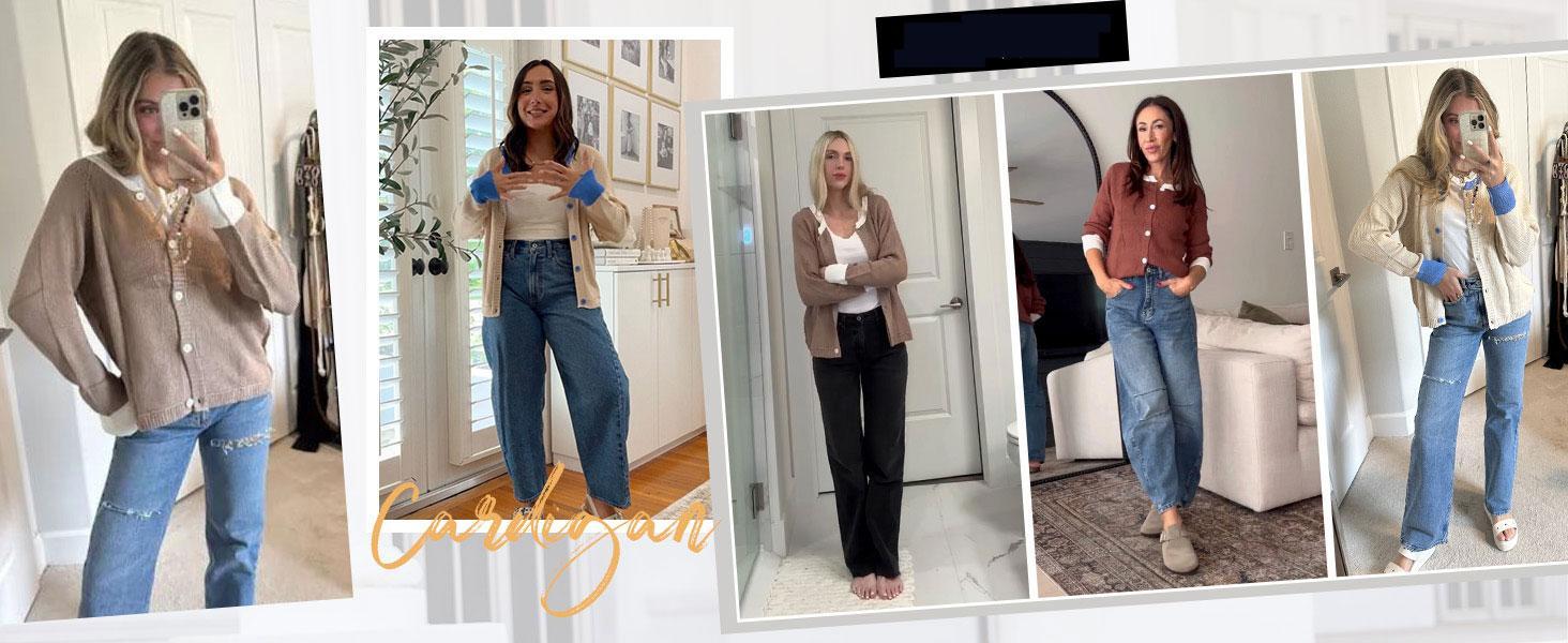 JovenPara Womens Color Block Cardigan Sweaters Cropped Long Sleeve Button Down Knited Wear