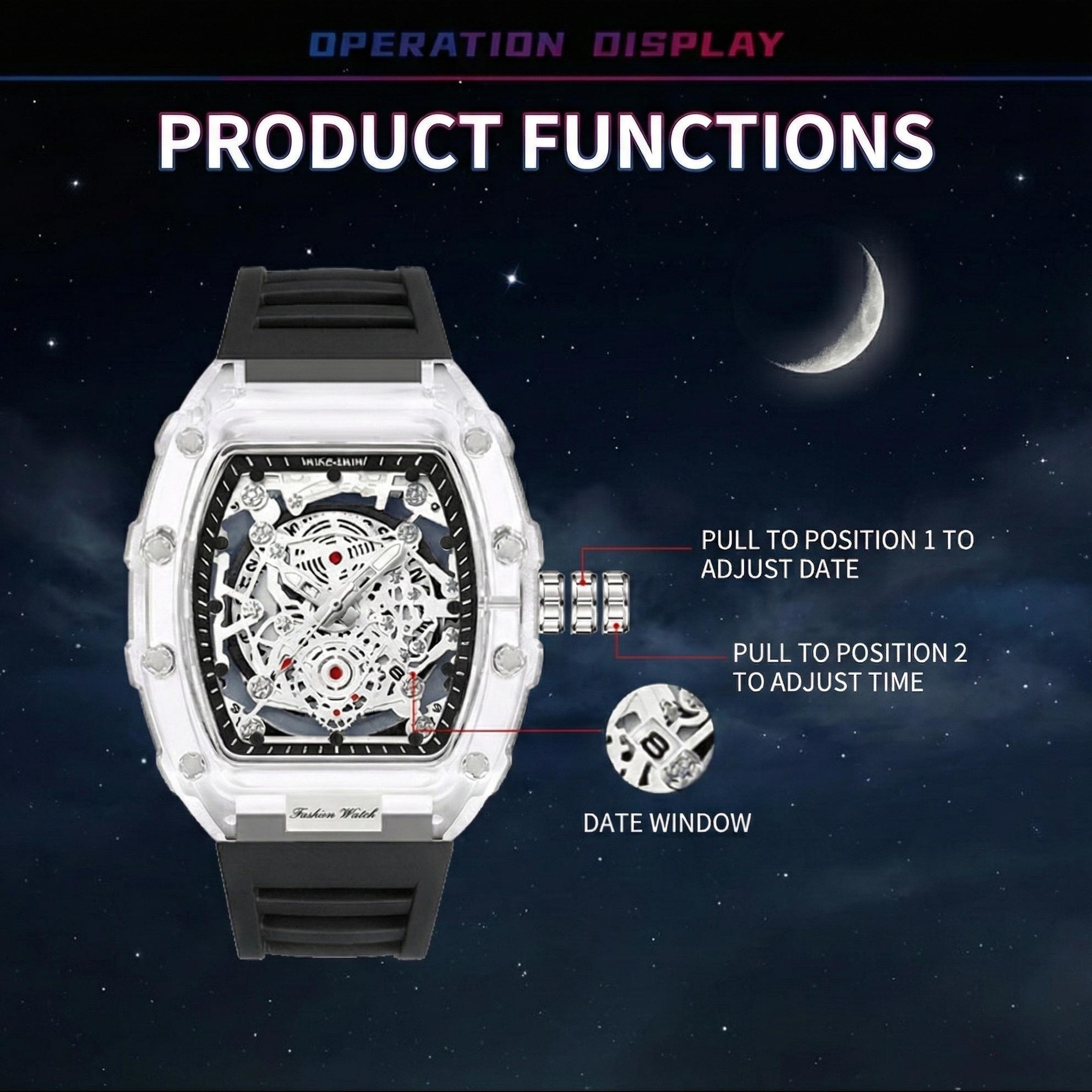 Men's Luxury Transparent Waterproof Barrel-Shaped Tonneau Skeleton Quartz Watch with Calendar Display & Luminous Markers Water Resistant Wristwatch for Daily Party & Outdoor Use Great Birthday Gift Idea with Tin Box Included