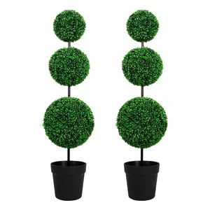 3FT 4FT UV-Resistant Artificial Triple Ball Boxwood Topiary Set of 2, All-Weather Outdoor & Indoor Decor for Garden, Porch, Entryway outdoorfun