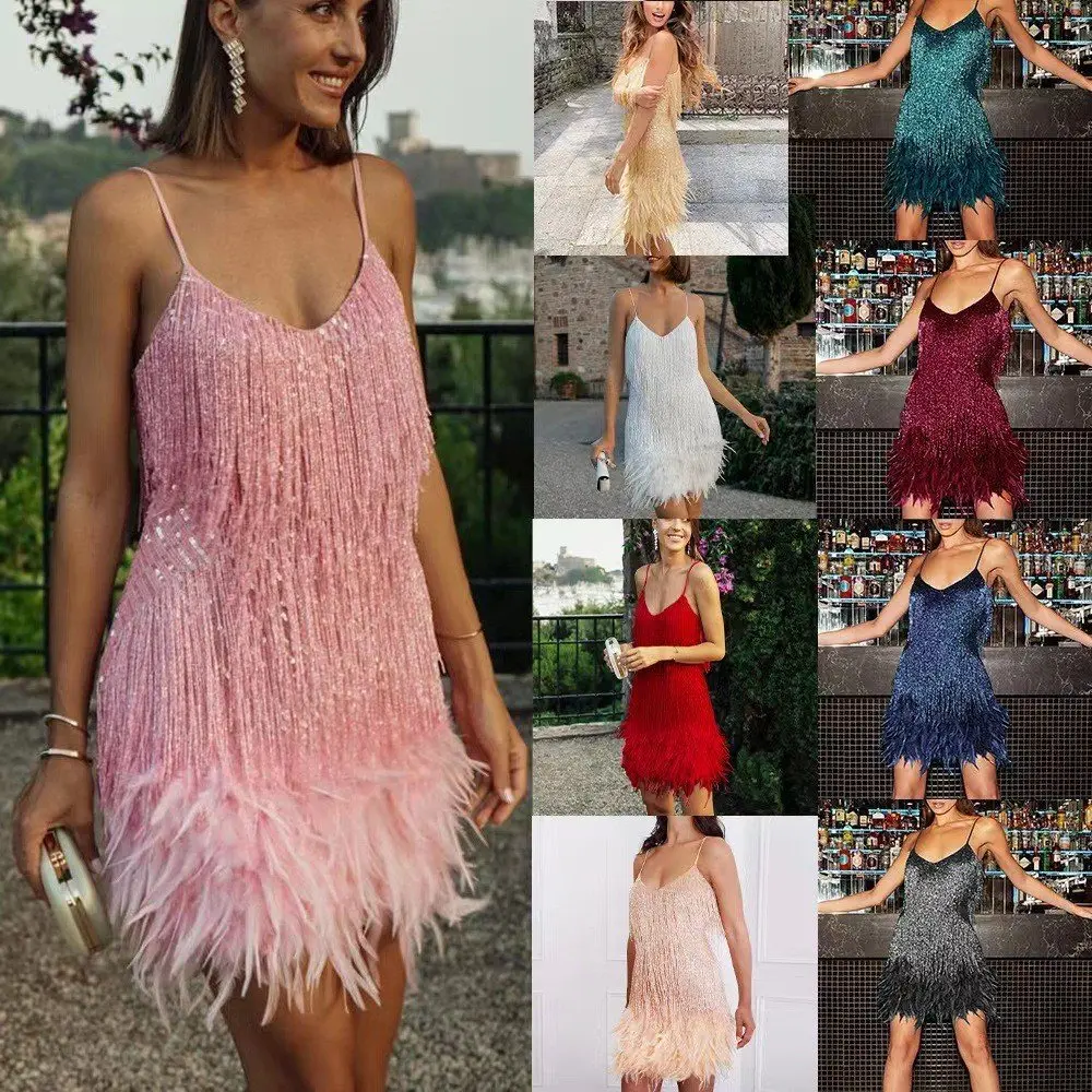 Women's Casual Tassel-Sequin Feather Summer Mini Dress with Comfortable Fabric Skirt
