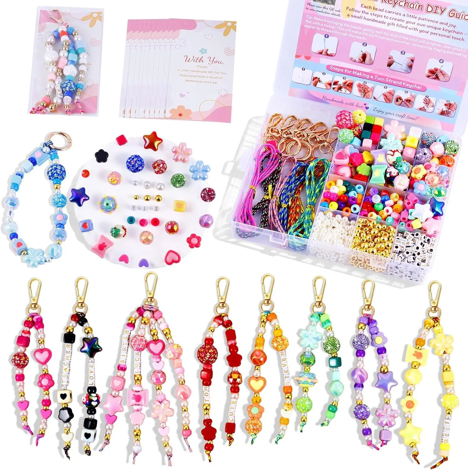 Wurosi Acrylic 865PCS Beaded Keychain Making Kit,DIY Bag Charm Kit | Includes Acrylic Heart Flower Alphabet Beads,Key Chain Supplies,Manual,Rope and Packaging Supplies for Jewerly Making Kit