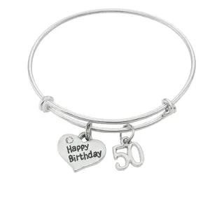50th Birthday Bracelet – Silver Expandable Bangle with Happy Birthday & 50 Charm
