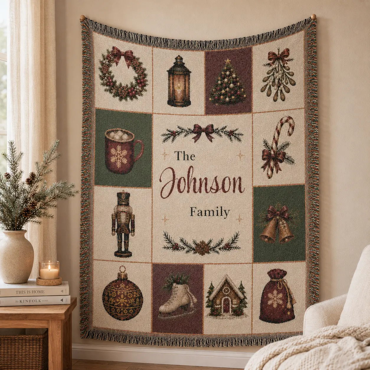 Personalized Christmas Woven Blanket - Custom Family Name Festive Motifs Woven Textile Throw for Home, Cozy Vibrant Holiday Gift for Family