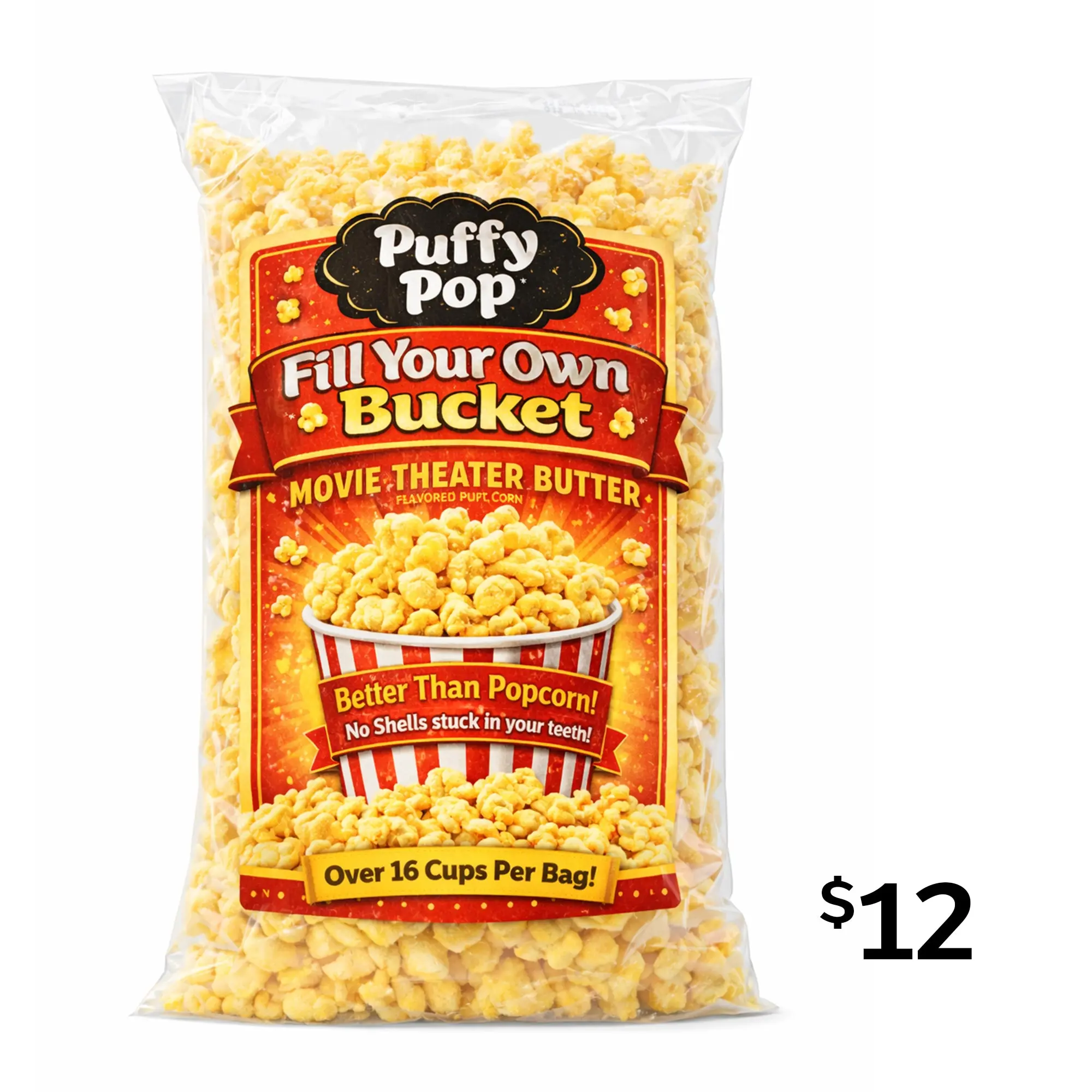Movie Theater Butter (GF) - Bucket Bag, Puffy Pop Popcorn Puffs - No Kernels, No Hulls - Easy to Eat Snack