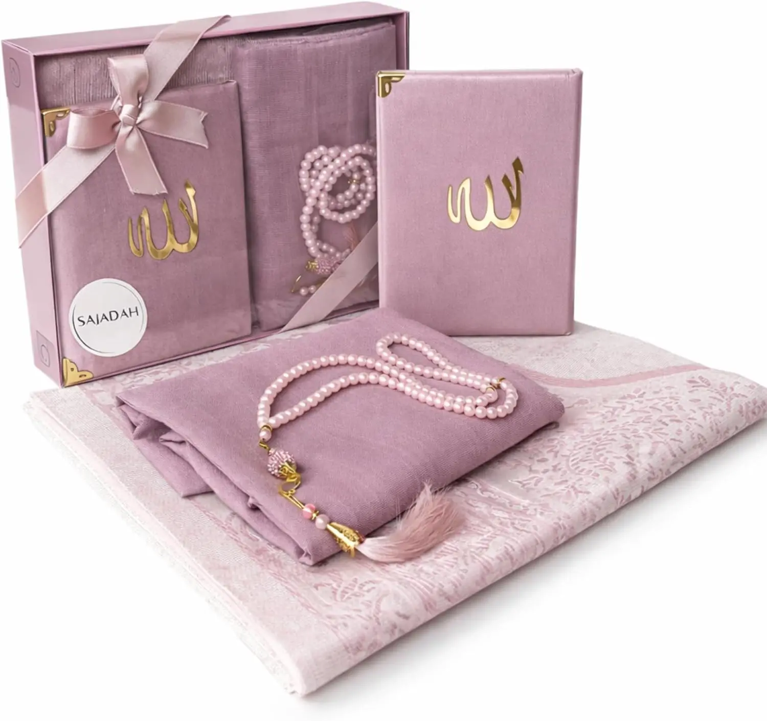 SAJADAH Muslim Prayer Rug Set - 4 in One Islamic Gifts Set, Prayer Mat, Prayer Beads, Hijab, Surahs Book,Eid Gifts
