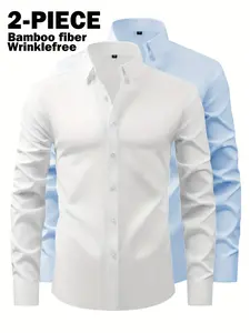 2-Pack (bamboo fiber) light luxury business classic non-ironing long-sleeved shirt, suitable for dinner office, party, non-ironing ice silk smooth shirt