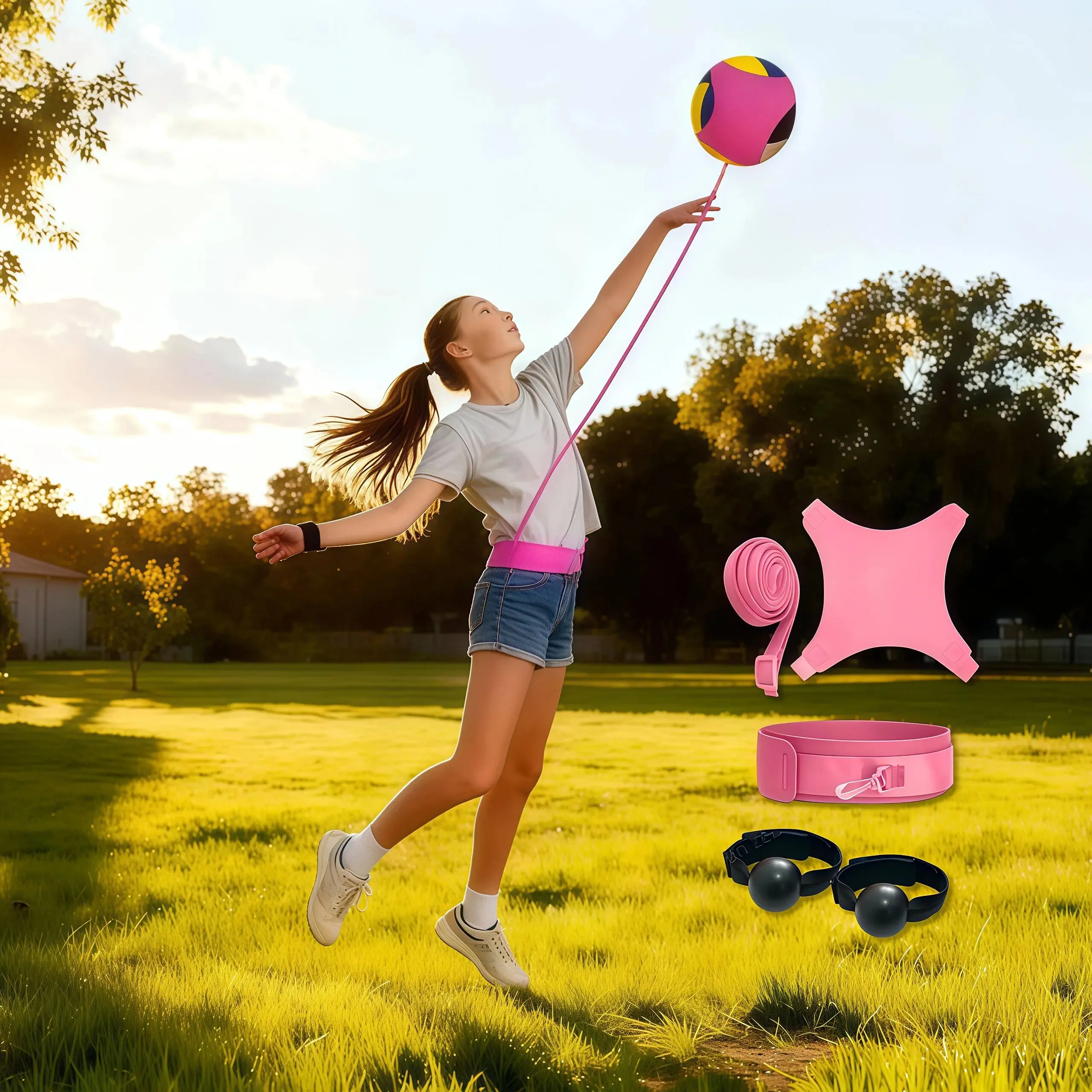 Volleyball Training Equipment Rebound Belt - Nylon Spiking Set for Solo Practice with Customizable 3-in-1 Drillmaster, Perfect for Indoor & Beach Serving Drills, Includes Hand Ball, Customize, Spiking Set Volleyball Training Equipment, Black (Including Ha