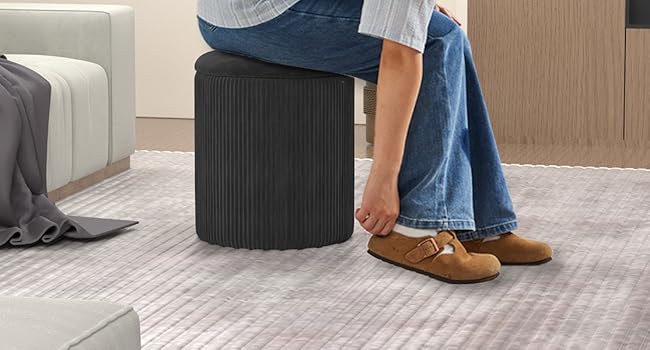 [Summer Vibes]  PUKAMI Round Ottoman Vanity Stool with Storage Set of 2, Beige Velvet Round Ottoman with Storage, Multifunctional Round Storage Ottoman Foot Rest, Storage Ottoman Round with Storage for Living Room