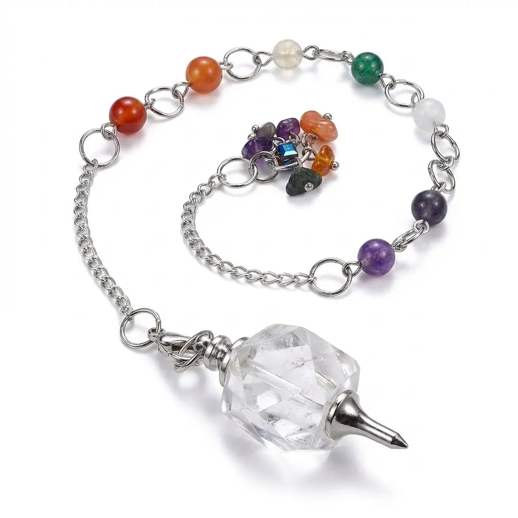 Clear Quartz Chakra Pendulum — Rainbow Bead Chain Crystal Divination Tool