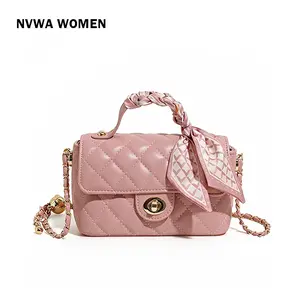 Elegant Pink Quilted Crossbody Bag with Scarf Wrapped Handle Small Flap Purse for Women Chic Daily Shoulder Bag Lightweight Ladies Handbag Fits Essentials for Travel & Date Night