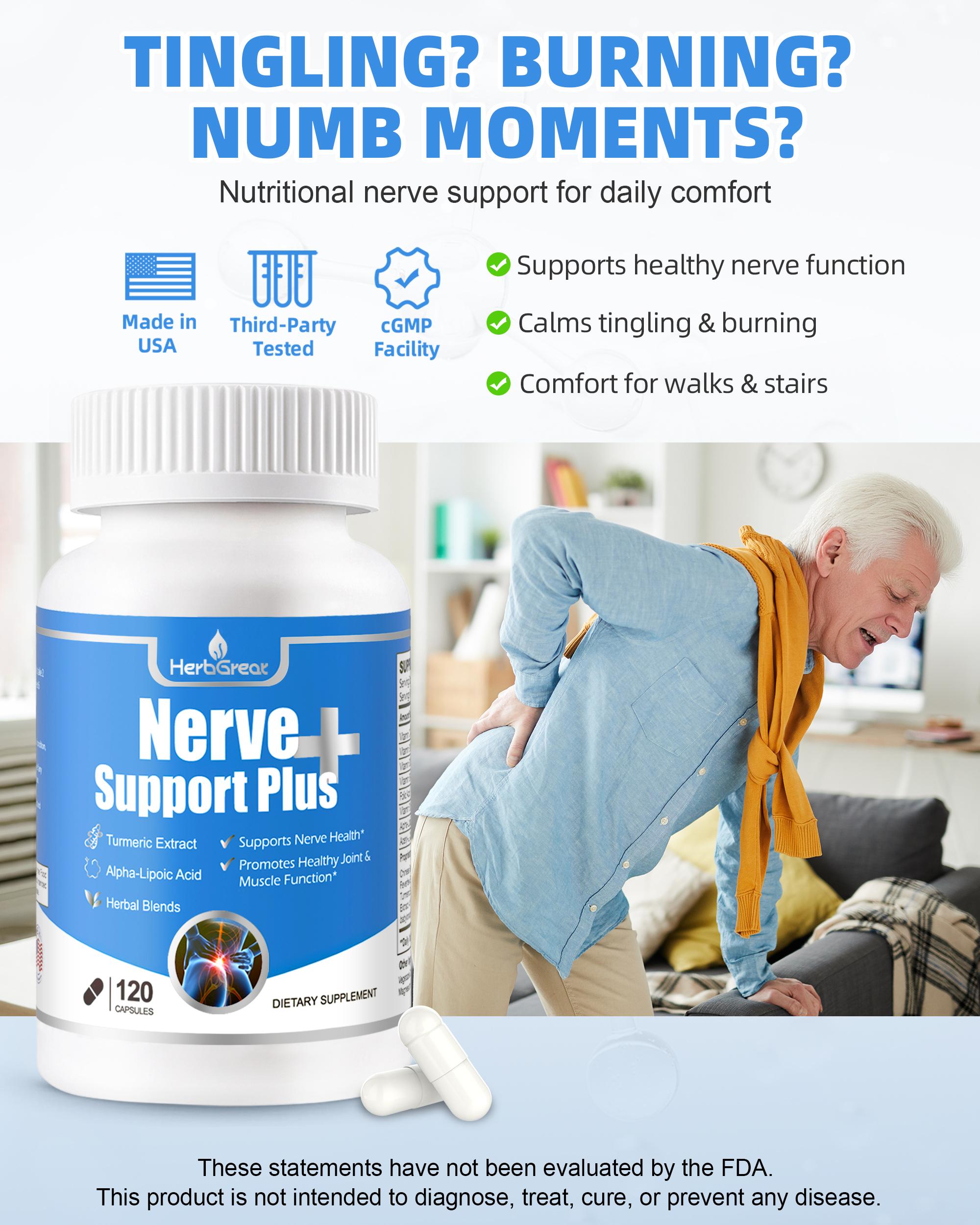 HERBGREAT Nerve Support Plus - 120 Capsules for Sciatic Nerve Health & Joint Comfort - Turmeric, Alpha Lipoic Acid, Acetyl-L-Carnitine, Vitamin C & B-Complex - USA Made - Sciatica Relief Supplement - Bone Immune Drops