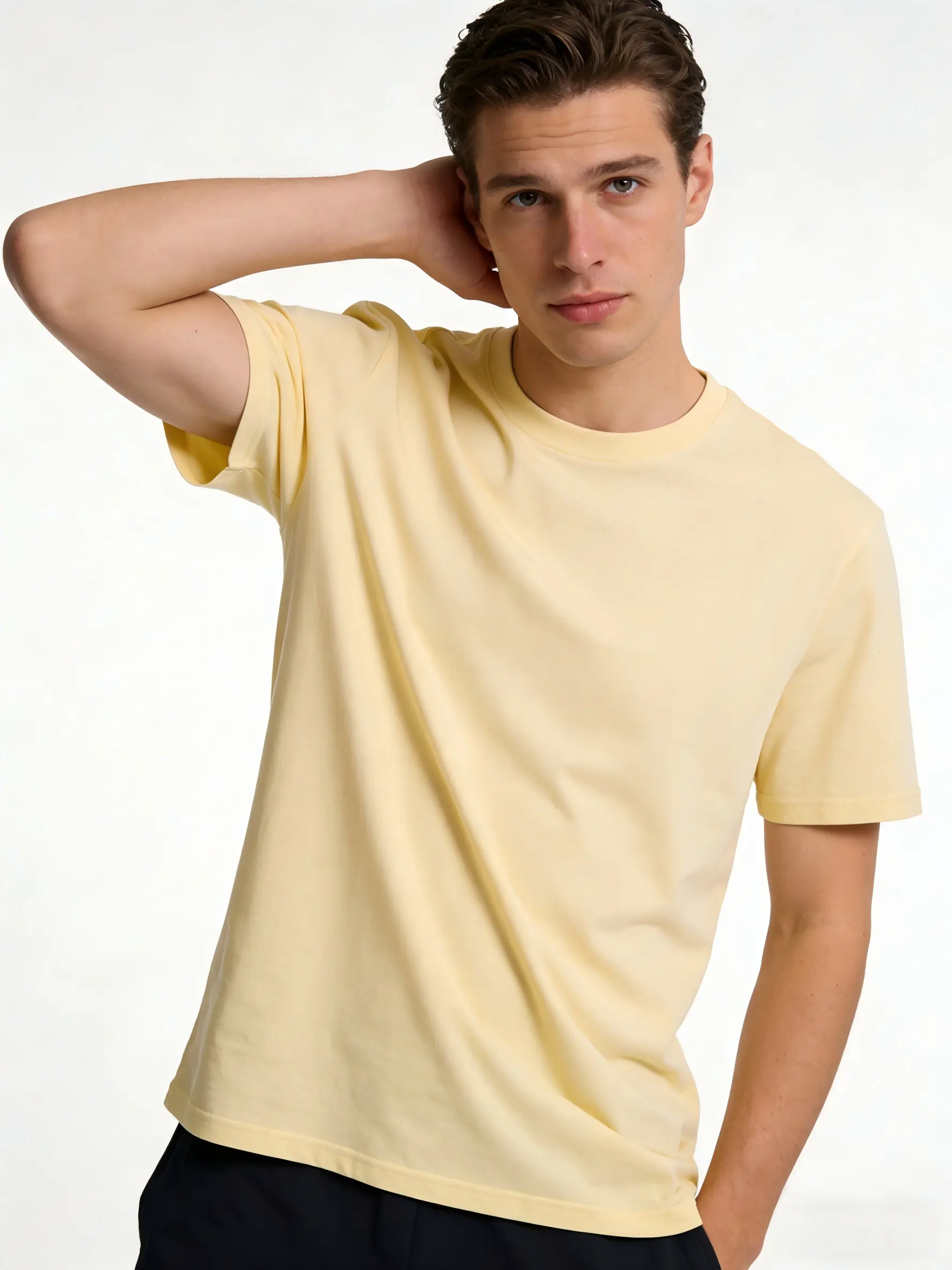 Men's Solid Butter Yellow Heavyweight 100% Cotton Short-Sleeve Loose-Fit T-Shirt - Wave Design, Casual Fit, Heat Print, Round Neck, Soft, Breathable, Sensitive Skin-Friendly Retro Streetwear Menswear Top