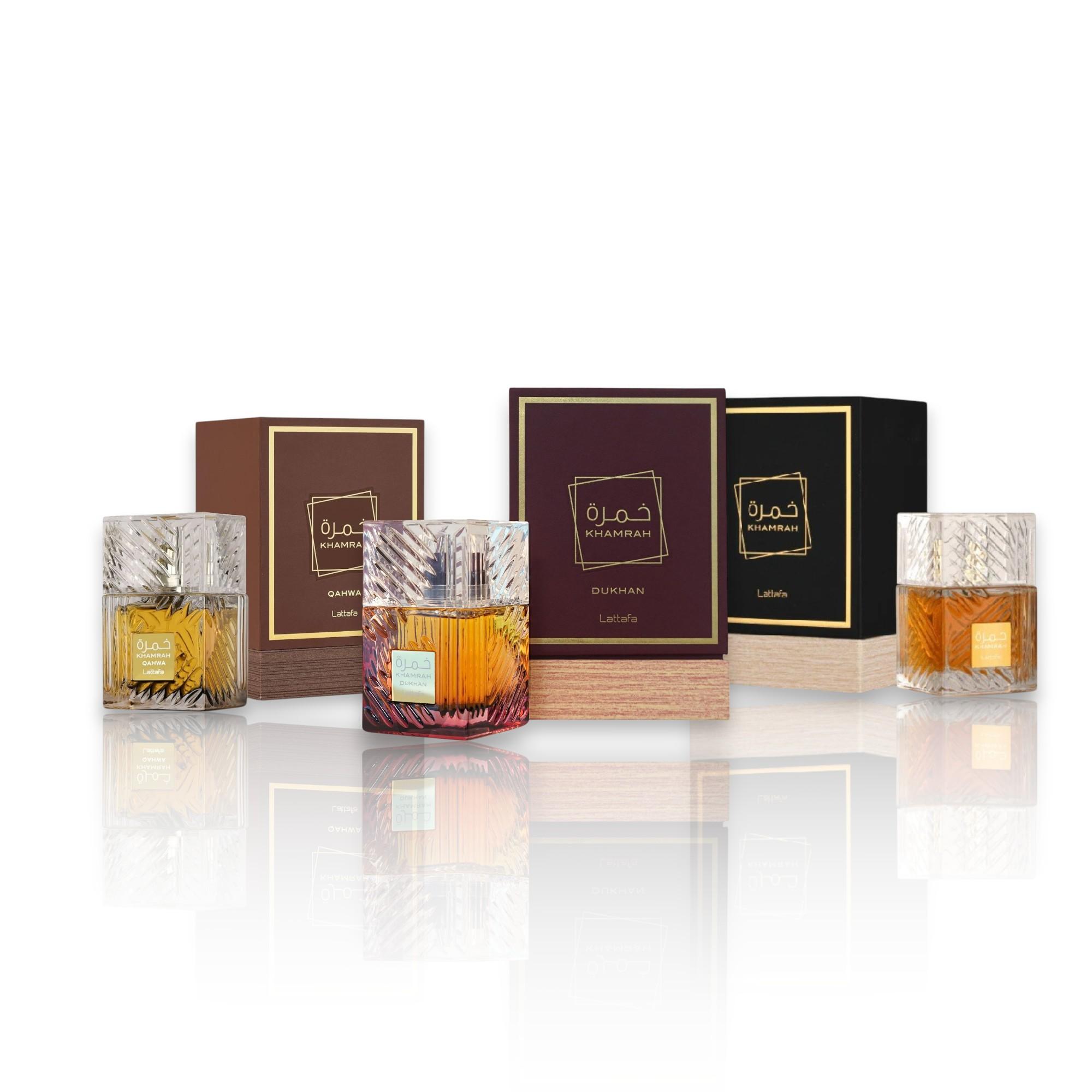 Lattafa Perfumes | Khamrah - Khamrah Qahwa - Khamrah Dukhan | 3 Pc Unisex Fragrance Set | 3.4 oz - 100 ML Per Bottle | Cinnamon - Praline & Benzoin Notes | Exotic Fragrances