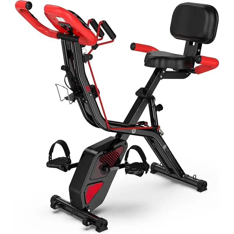 Folding Exercise Bike, Foldable Upright Stationary Bike, Indoor Cycling Magnetic X-Bike with 8-Level Adjustable Resistance, 6.6 LBS Flywheel, 300LB Capacity, Bottle Holder & Back Support Cushion for Home Gym