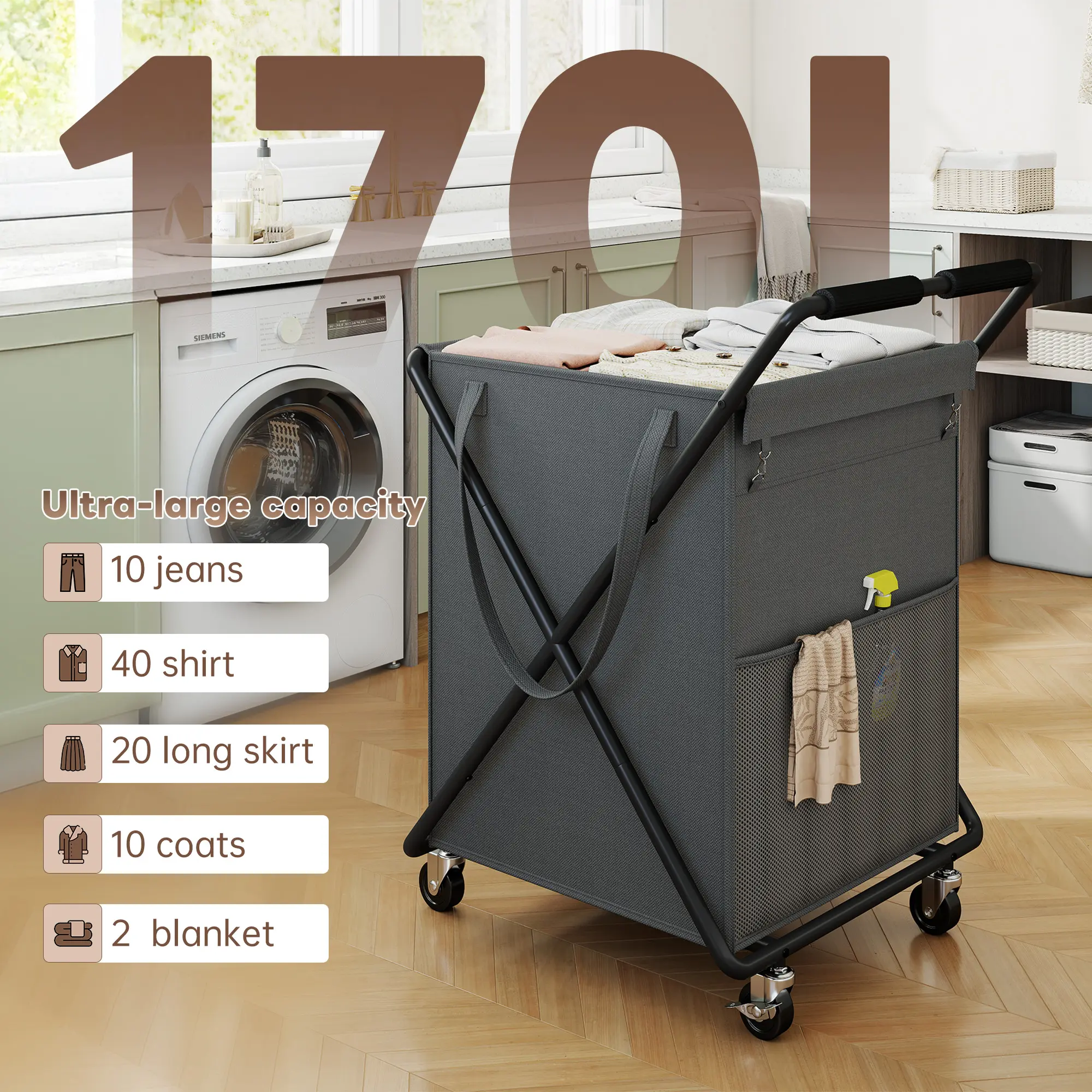 【Deals for you Days】170L Bottomless Pit Sturdy Laundry Basket with Wheels & Handles,Rolling Laundry Hamper,Laundry Cart with Removable Large Capacity Bag & Steel Frame for Clothes Storage,Easy Assemble,Effortless design,Compact size, Easy to store & hide