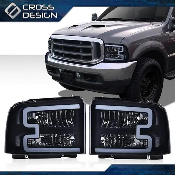 CROSSDESIGN Super Duty Smoked Lens LED DRL Headlamps with Harness, Aftermarket Daytime Running Light Assemblies – Truck Accessories for 2005-07 Ford F250-F550 LED Front Lights