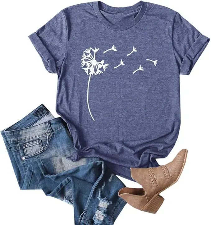 Cicy Bell Women's Dandelion Print T Shirts Cute Graphic Tees Short Sleeve Summer Cotton Tee Tops Blue Casual