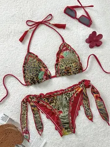 MISSGUIDED Women's Vintage Colorful Leopard, Zebra, Floral Print Ruffle Tie-Up Halter Tasseled Beach Bikini Set Bathing Suits For Woman Bathing Suits Women Set Swim Suits For Women Women Bikini Sets Bathing Suits For Women Summer Women Bikini Sets