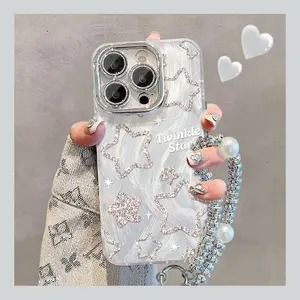 Brand new, high-end, hollowed-out star-patterned⭐ women phone case with a pearl bracelet,Suitable for iPhone 17/16/15/14/13/12/11 Pro Max Plus,Features a simple and stylish design and is available in multiple colors 995