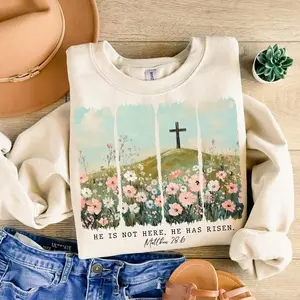 He Is Not Here He Has Risen Wildflower Sweatshirt, Spring Easter Christian Shirt, Brushstroke Aesthetic Boho Floral Cross Tee, Easter Christian Gift, Jesus Lover Gift