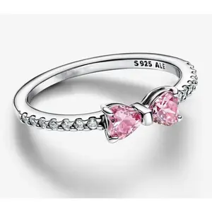 Silver Sparkling Pink Bow Ring,Fit Charm Necklaces,Woman Fashion Jewelry,Fashion Jewelry,Gift For Her Elegant Design Accessory Stainless Steel engagementrings promise rings weddingring set SpringStatements