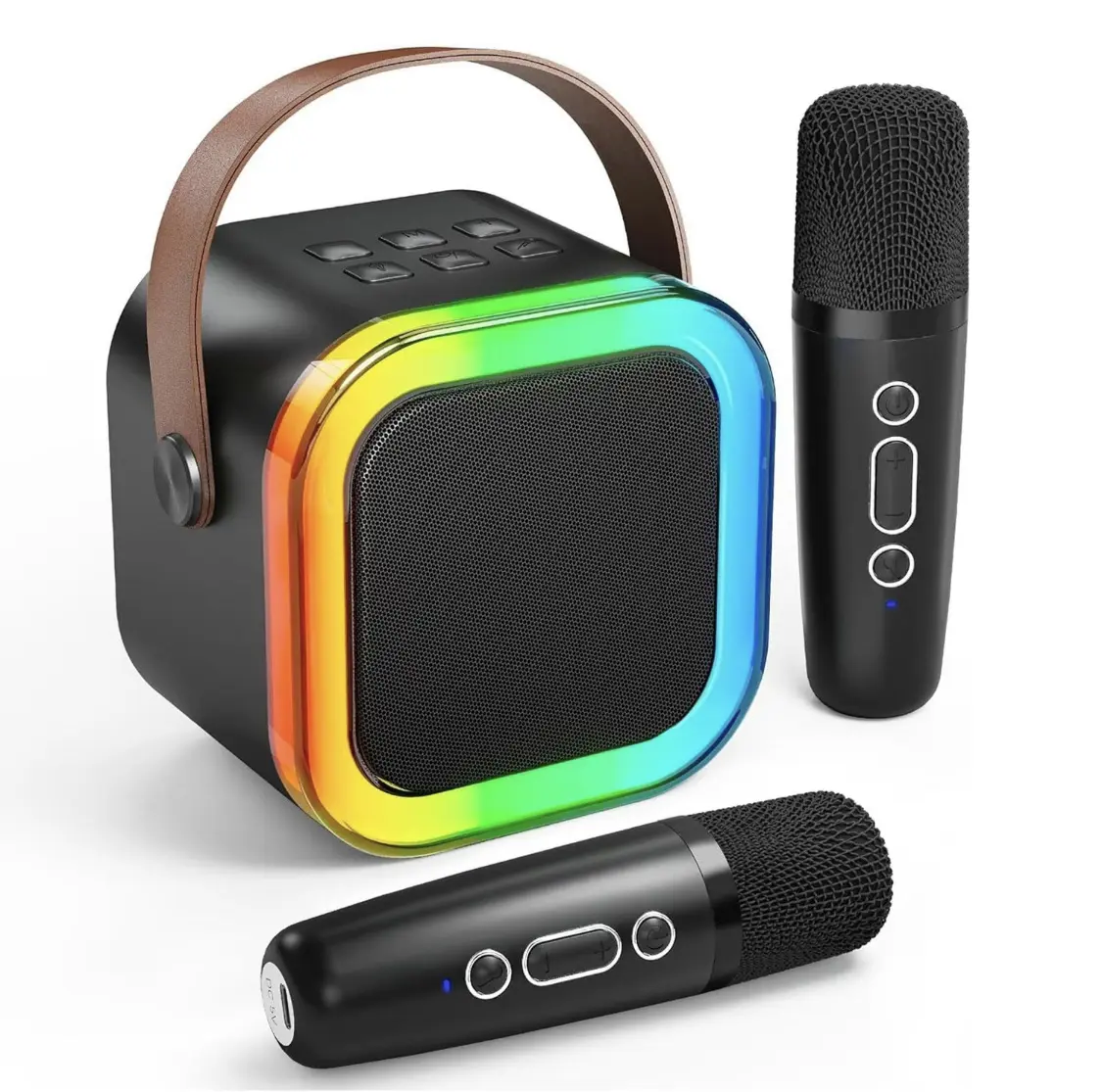 Rechargeable Mini Karaoke Machine with 2 Wireless Mics, Sound System & LED Party Lights, Little Gifts for Girls, Birthday Party Hit for 4-12 Year Olds, Portable for Family Gatherings
