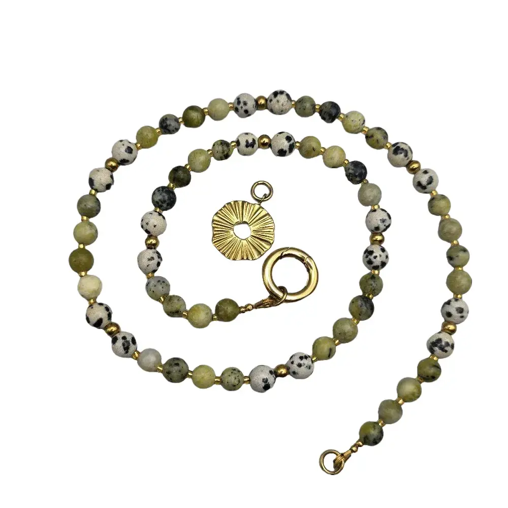 Handmade Dalmatian Jasper & Green Jasper Crystal Jewelry Set | Boho Statement Necklace + Bracelet | 18K Gold PVD Gift Set