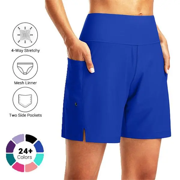 G GRADUAL Women's 7" High Rise Swim Shorts, Quick Dry Nylon Board Shorts with Tummy Control, Built-in Panty & Pockets for Beach Surfing, Swimsuits Tummy Control, Elastic Waistband, High Rise Swim Bottoms, Breathable Swim Shorts, Swimmertrunks