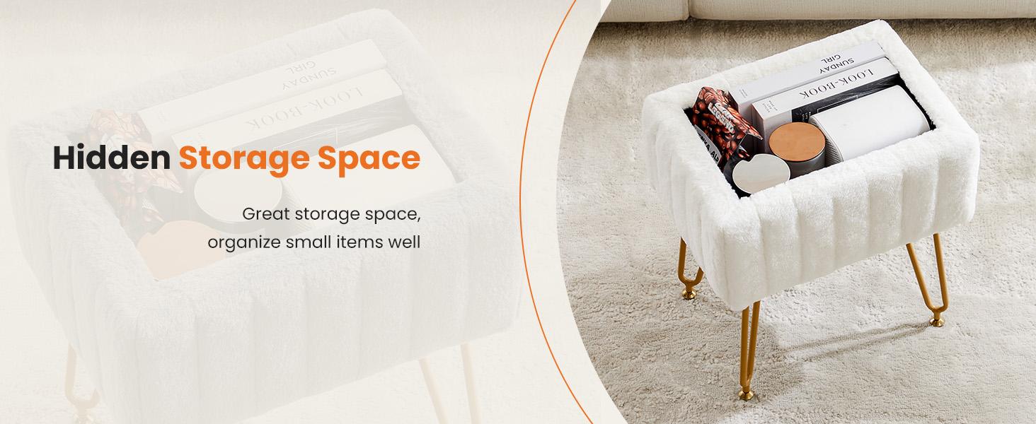 Vanity Stool with Storage, Soft Padded Makeup Footstool Ottoman Seat with Metal Legs, Adjustable Feet, Cute Footrest for Bedroom and Entryway