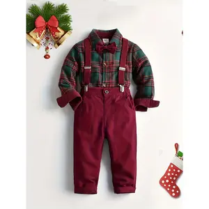 (New)Festive Boys' Christmas Plaid Long-Sleeve Shirt & Maroon Suspender Pants Set - Casual European & American Style, Non-Stretch Polyester, Button-Up Collared Outfit for Fall/Winter, Boy Christmas Outfit(Gift)11