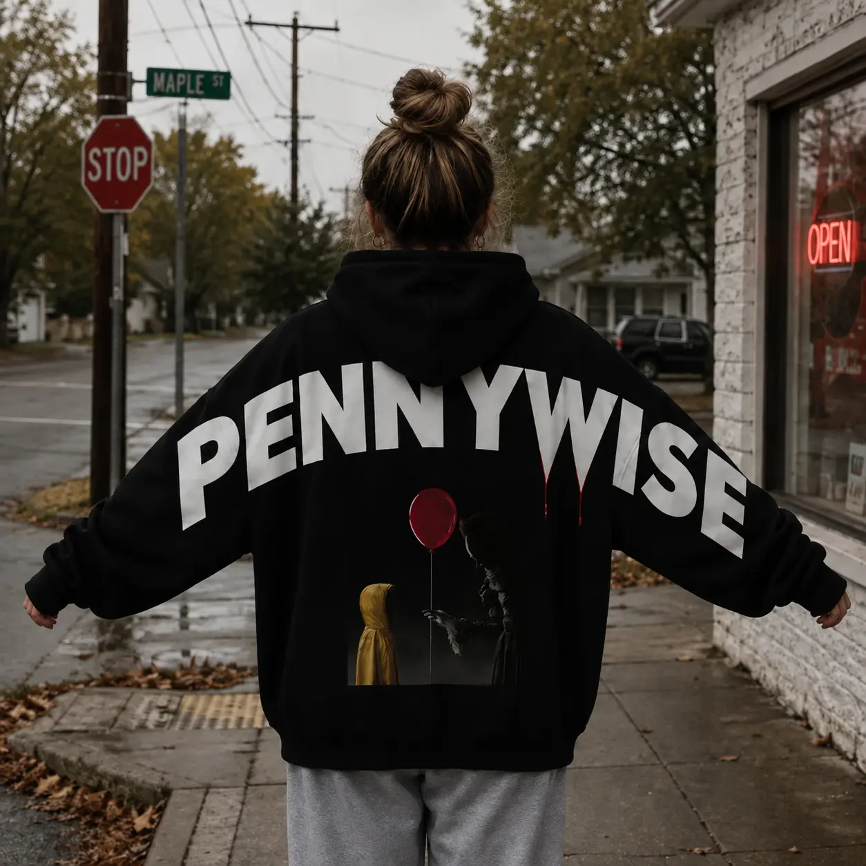 Pennywise Horror Shoulder-to-Shoulder Back Lettering Sweatshirt Hoodie, Scary Movie Graphic Pullover, Spooky Season, Gift for Him and Her, Vibes