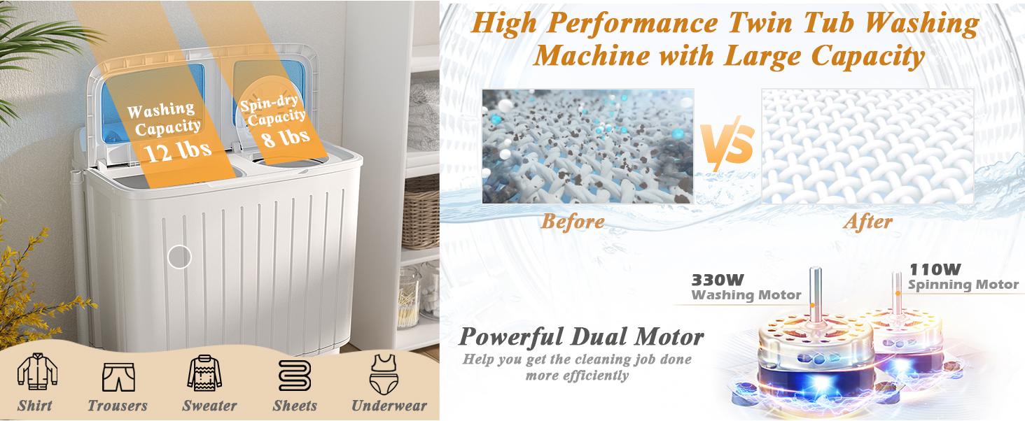 COSTWAY Portable Washing Machine, 13/20/22/26lbs Mini Twin Tub Washing Machine w/Drain Pump, Semi Automatic Compact Washer & Sipnner, Portable Washer Dryer Combo for Apartments Dorms RV Camping