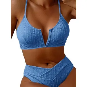 Women's V Cut High Waisted Bikini Set Ribbed V-Wired Cami Two Pieces Swimsuit Bathing Suit Swimming Beach