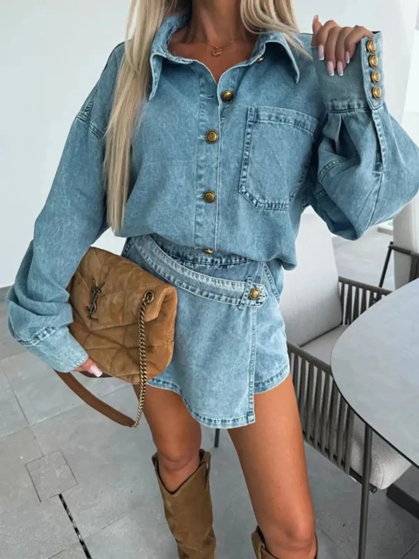 Button-Front Shirt and Mini Skirt Oversized Denim Set Womenswear Clothes