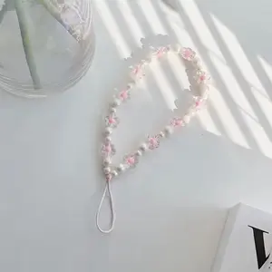 Beaded Floral Phone Charm Wrist Strap with Pearl Details Universal for iPhone & Android Lightweight Decorative Accessory
